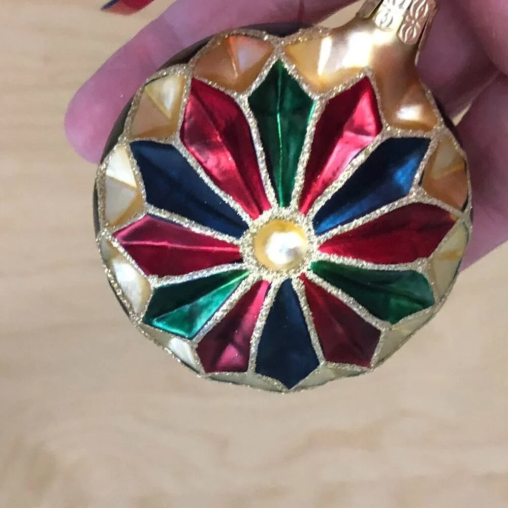 Vintage Pier 1 Hand Blown Glass Harlequin Ornament Red Blue Gold Glitter 2.5
